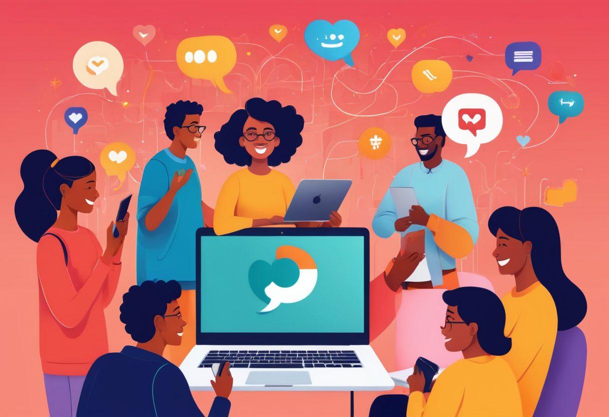 A colorful illustration depicting a diverse group of people engaged in a joyful online community, surrounded by heart-shaped connection symbols and digital devices, with vibrant chat bubbles carrying positive messages of connection and happiness. The scene should evoke a sense of warmth and inclusivity, showcasing both virtual and real-life interactions. vibrant colors. flat design.