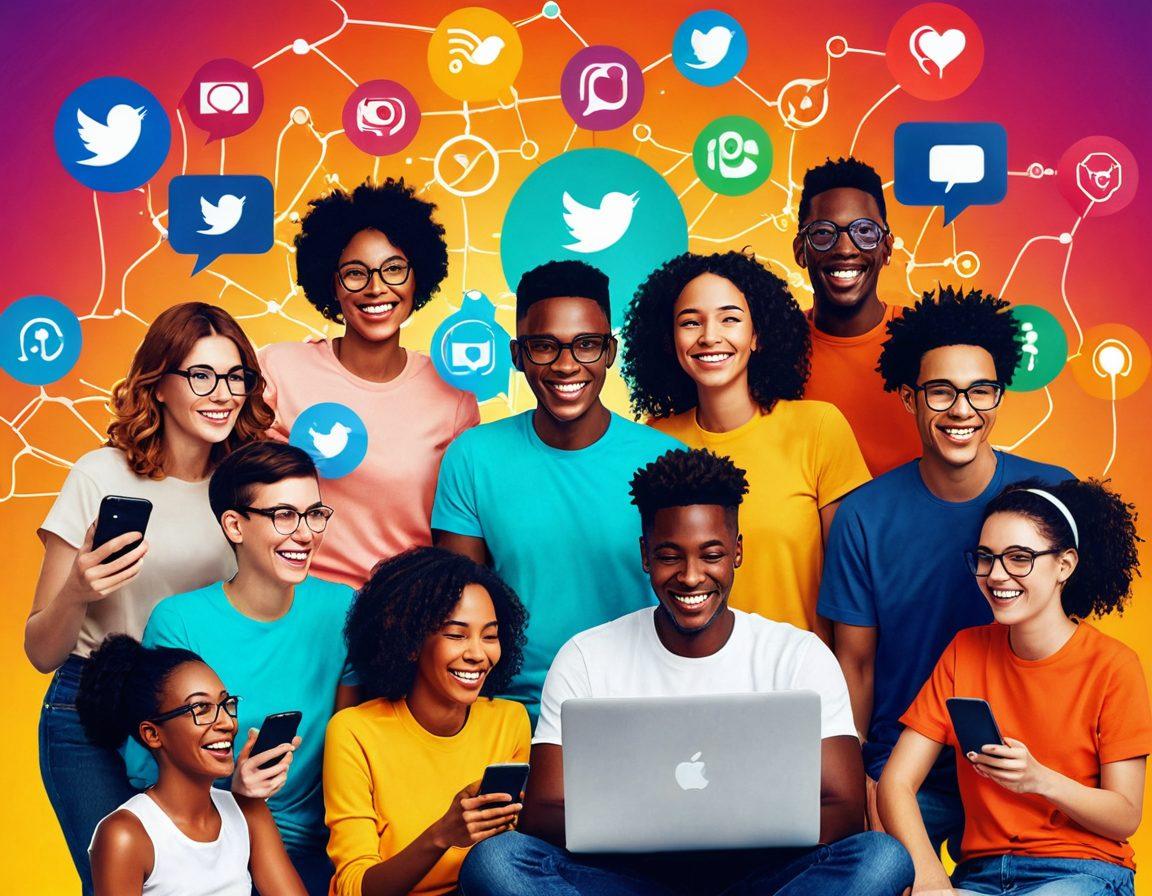 A vibrant illustration of diverse people joyfully connecting through technology, surrounded by colorful social media icons and glowing network lines symbolizing connectivity. The scene conveys a sense of happiness and well-being, with warm sunlight illuminating the characters. Include elements like smartphones, laptops, and shared moments of laughter to represent social networks. super-realistic. vibrant colors. optimistic atmosphere.