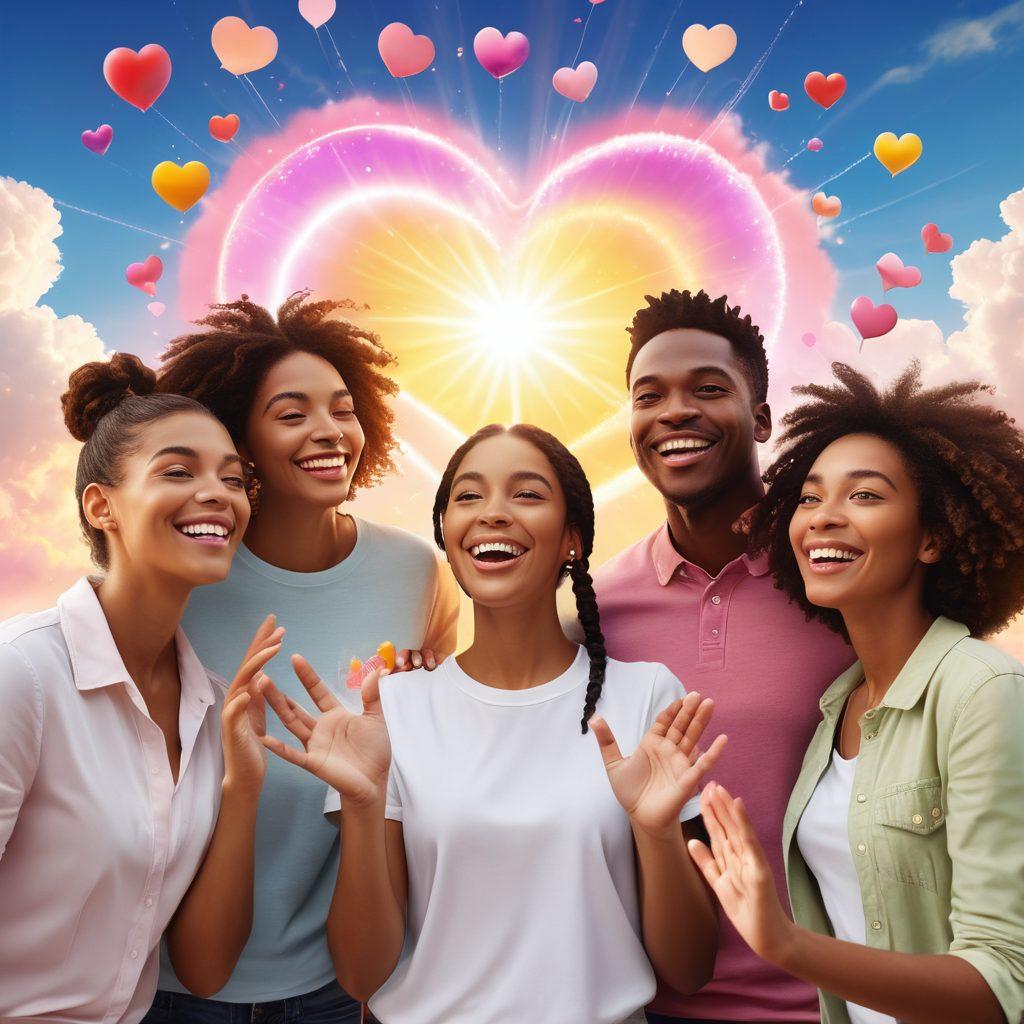 A diverse group of people connecting joyfully in an online community, surrounded by symbols of happiness like hearts and smiles, with vibrant colors emanating from their screens. The background features a tranquil virtual landscape with rays of sunlight breaking through clouds, symbolizing hope and positivity. Elements of digital communication like chat bubbles and video call icons are subtly integrated. super-realistic. vibrant colors. 3D.